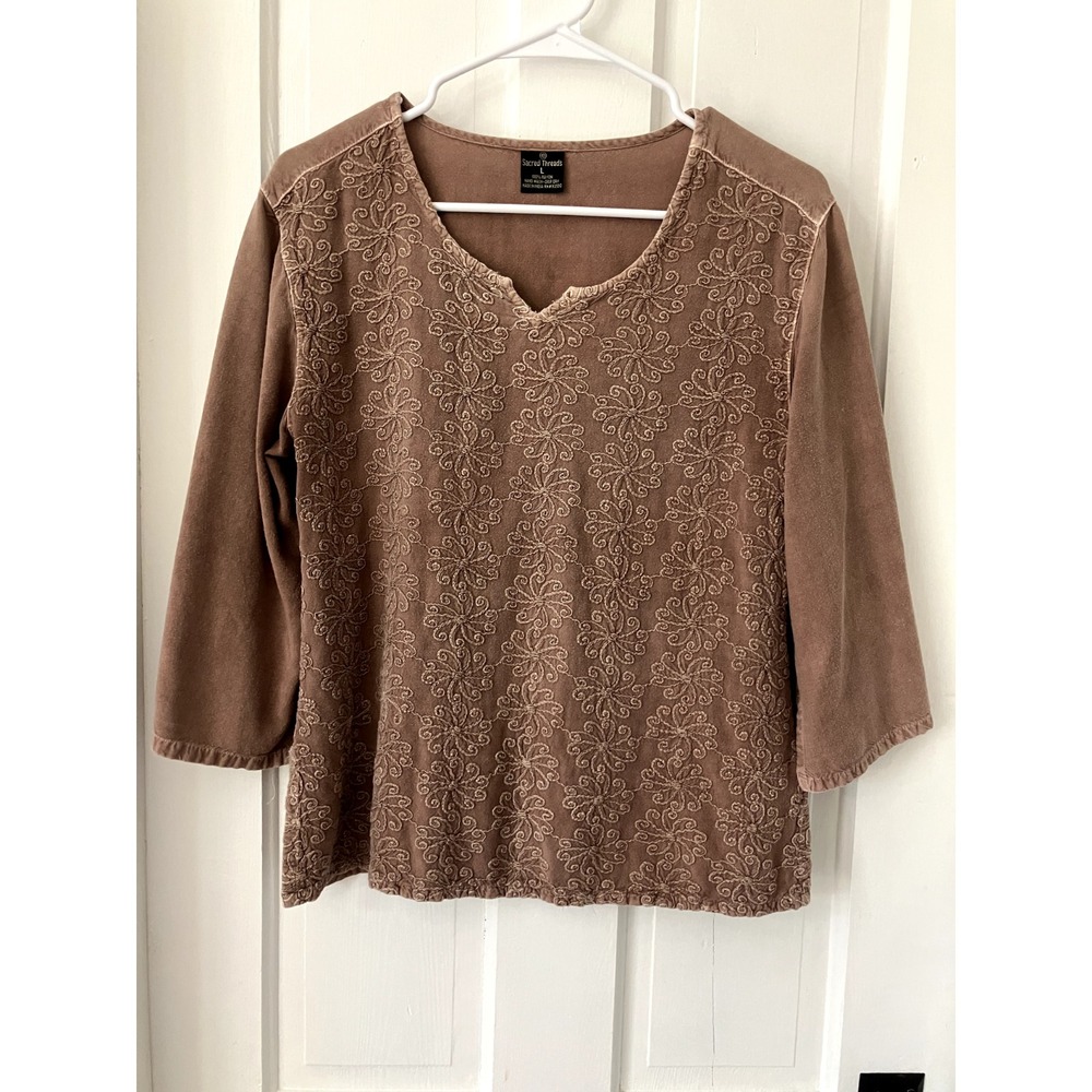 Sacred Threads Embroidered Stonewashed Tunic Top Womens L Earthy Mauve Boho